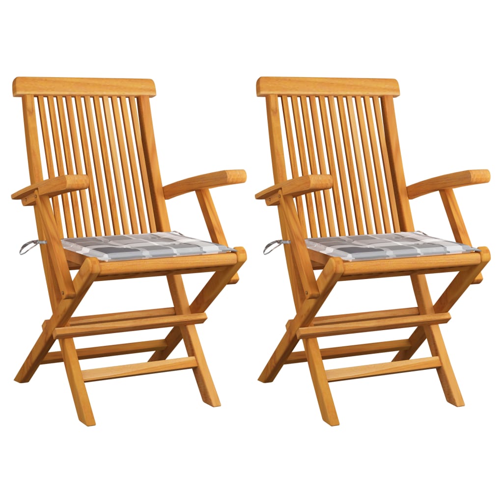 Tuinstoelen 2 st met grijs geruite kussens massief teakhout is nu te koop bij PeponiXL, paradijselijk wonen!