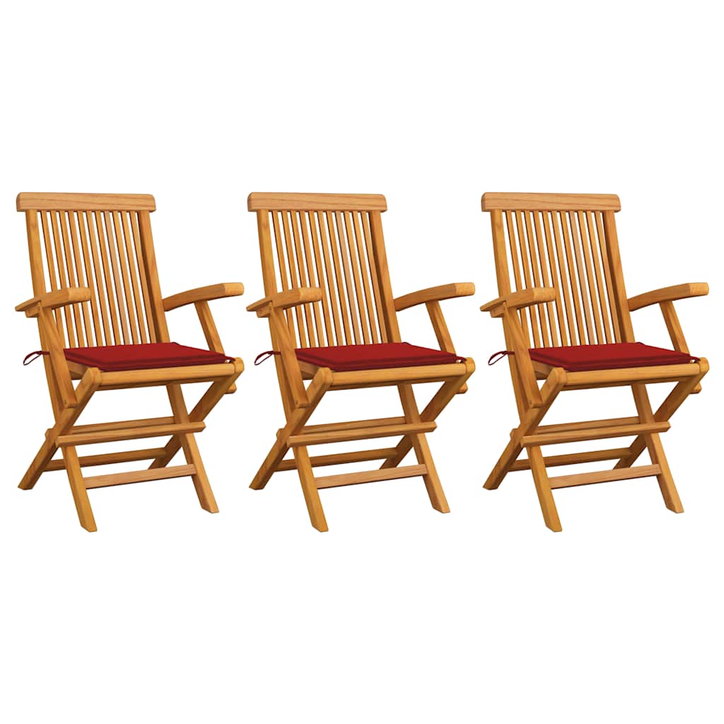 Tuinstoelen 3 st met rode kussens massief teakhout is nu te koop bij PeponiXL, paradijselijk wonen!