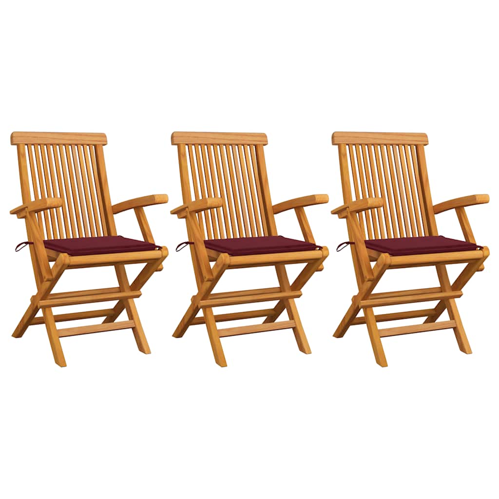Tuinstoelen 3 st met wijnrode kussens massief teakhout is nu te koop bij PeponiXL, paradijselijk wonen!