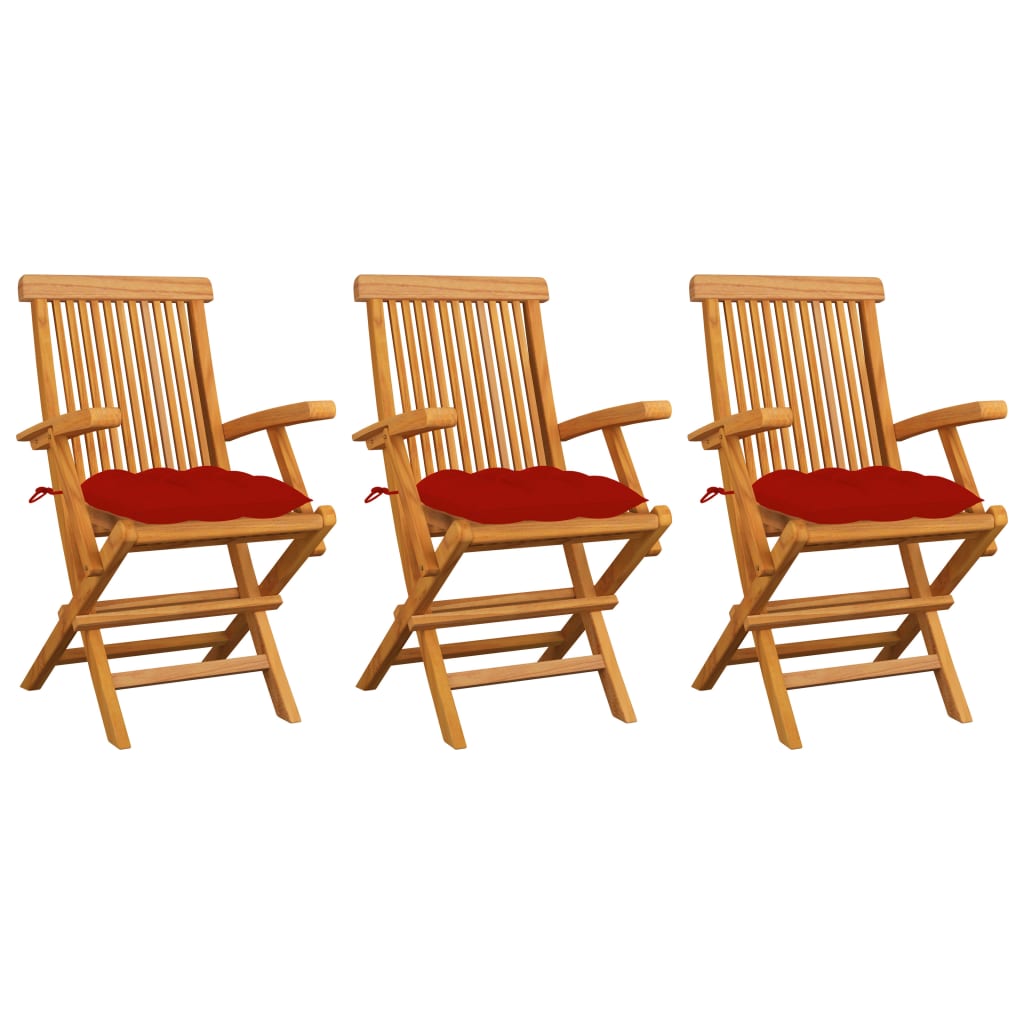 Tuinstoelen 3 st met rode kussens massief teakhout is nu te koop bij PeponiXL, paradijselijk wonen!