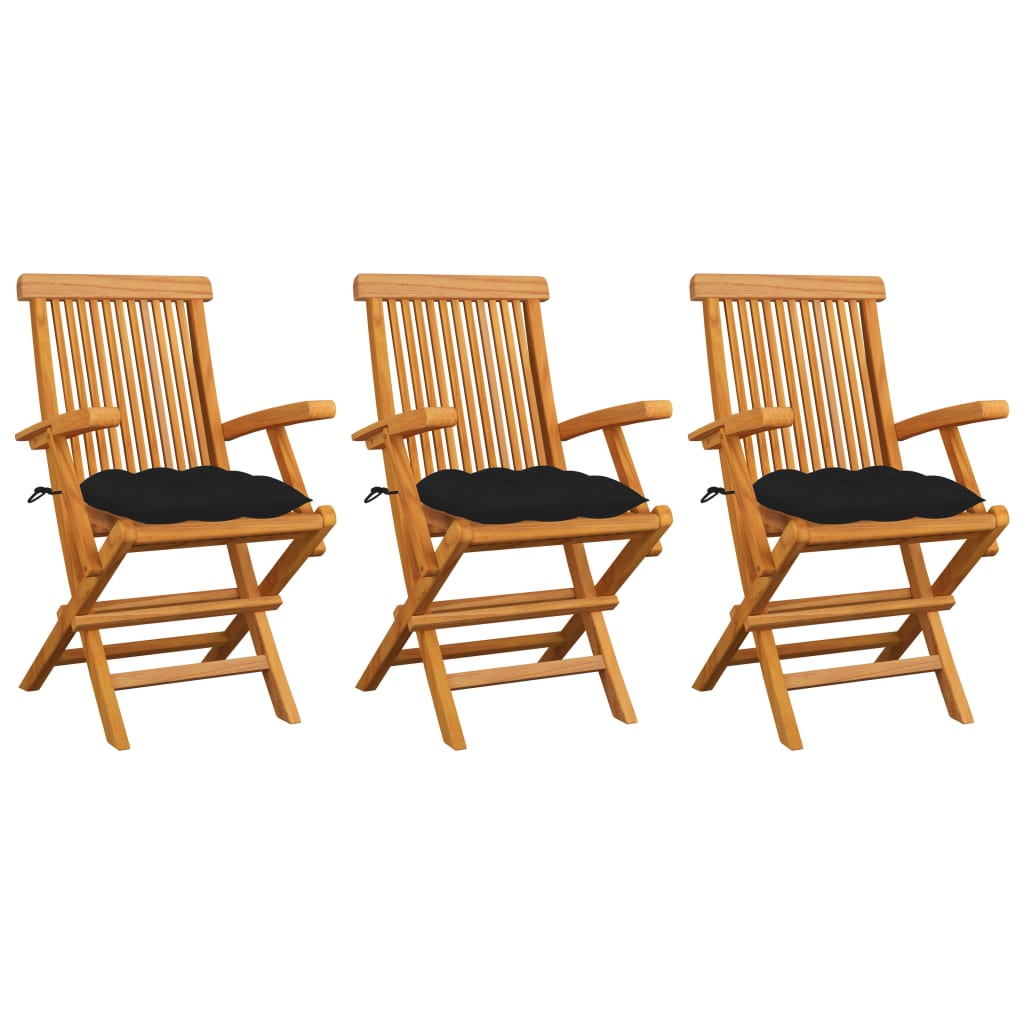 Tuinstoelen 3 st met zwarte kussens massief teakhout is nu te koop bij PeponiXL, paradijselijk wonen!