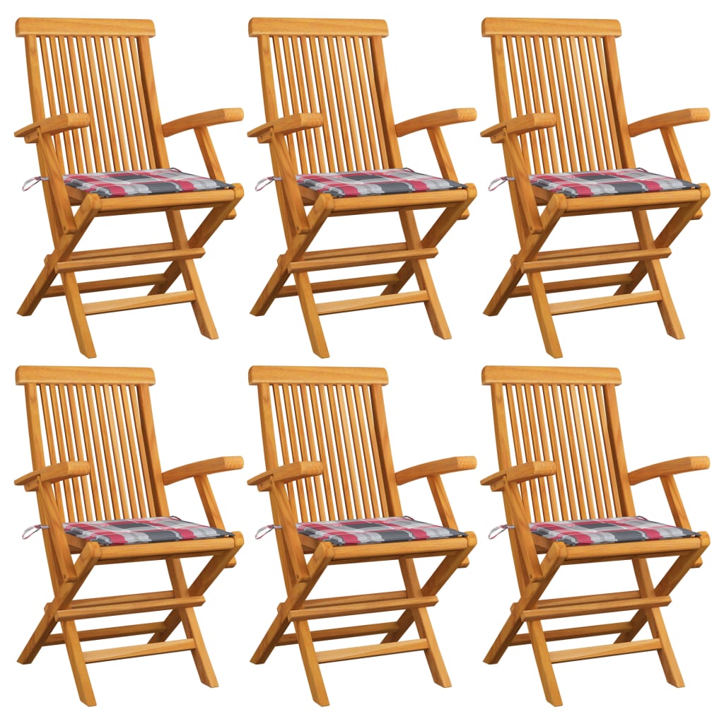 Tuinstoelen 6 st met rood geruite kussens massief teakhout is nu te koop bij PeponiXL, paradijselijk wonen!