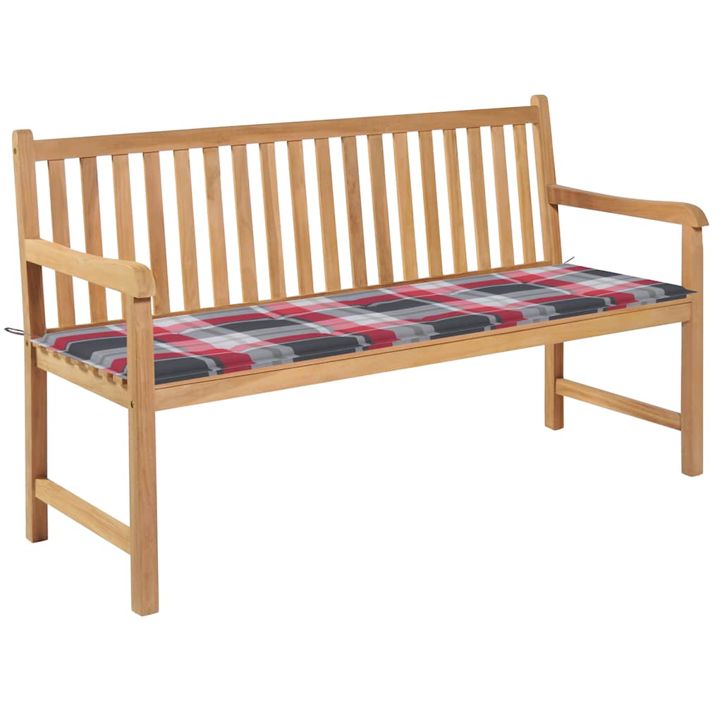 Tuinbank met rood geruit kussen 150 cm massief teakhout