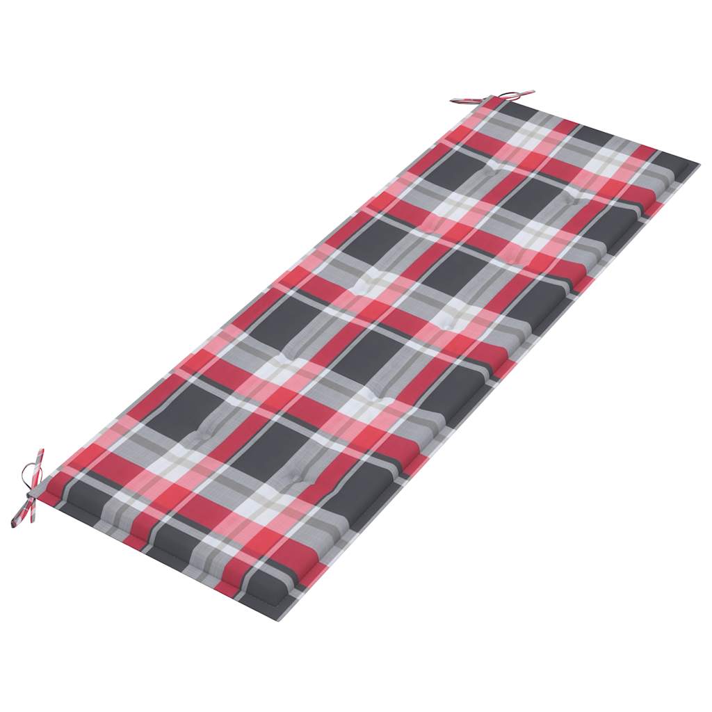 Tuinbank met rood geruit kussen 150 cm massief teakhout