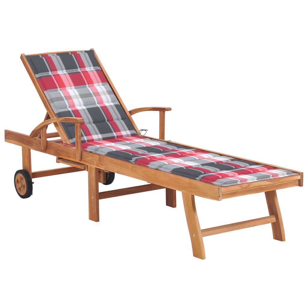 Ligbed met rood geruit kussen massief teakhout is nu te koop bij PeponiXL, paradijselijk wonen!