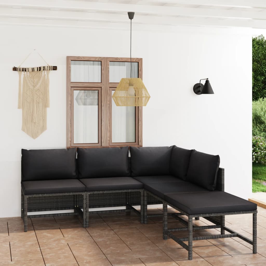 5-delige Loungeset met kussens poly rattan grijs is nu te koop bij PeponiXL, paradijselijk wonen!