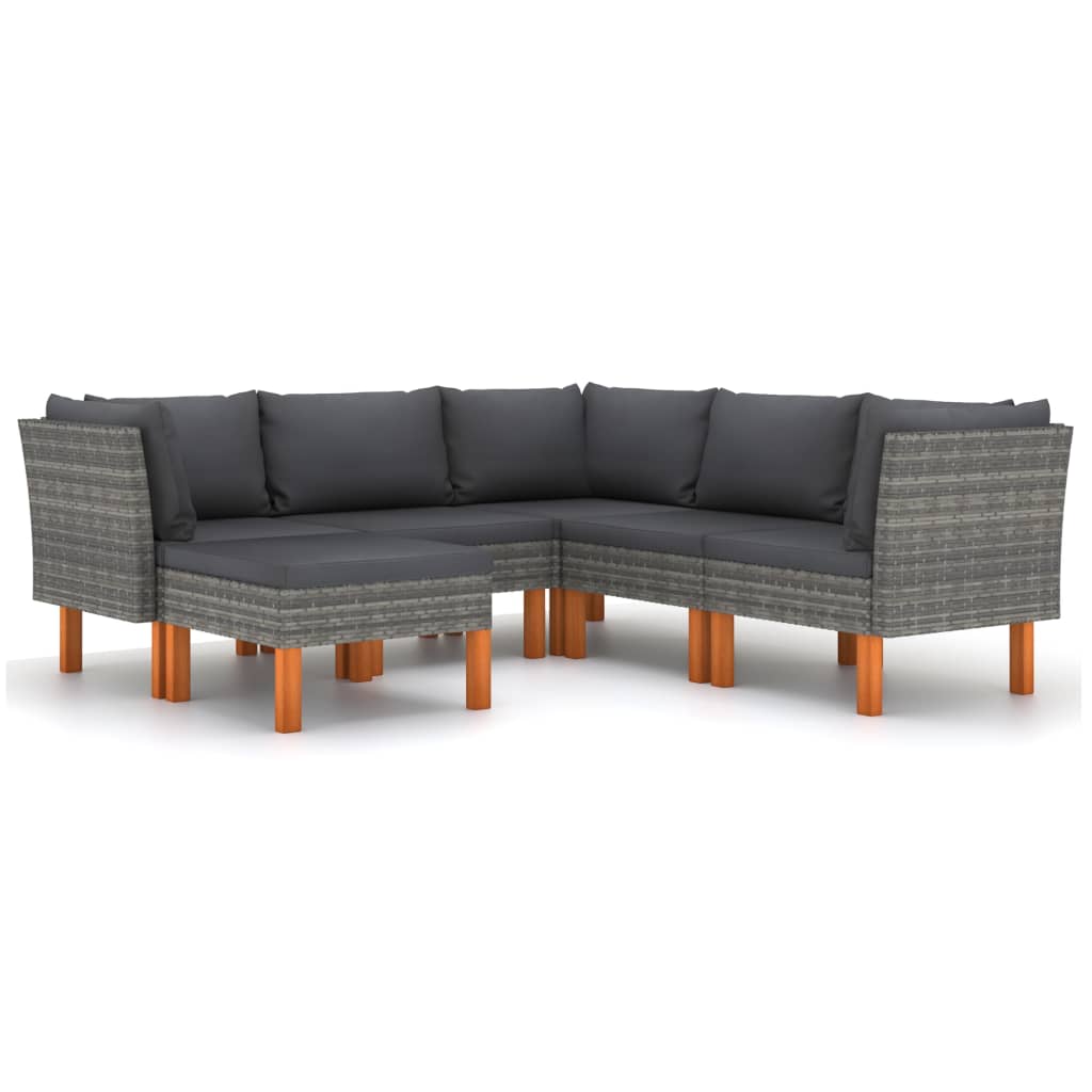 6-delige Loungeset met kussens poly rattan grijs