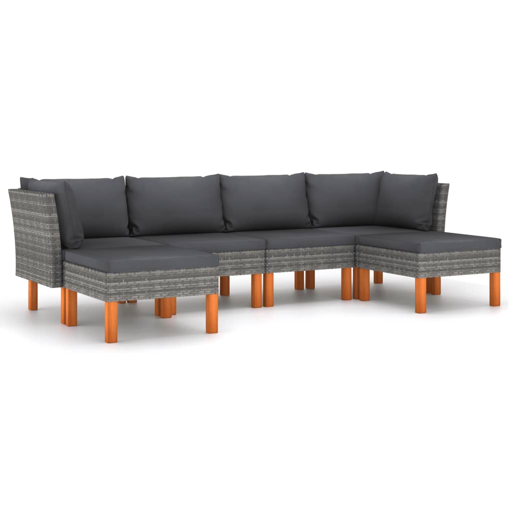 6-delige Loungeset met kussens poly rattan grijs