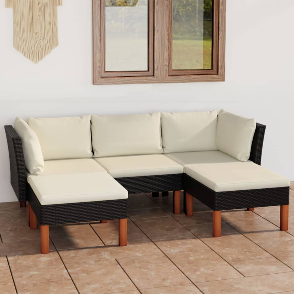 5-delige Loungeset met kussens poly rattan zwart is nu te koop bij PeponiXL, paradijselijk wonen!