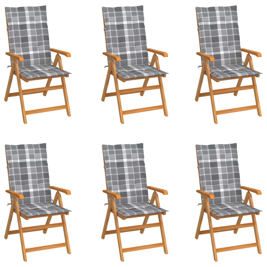 Tuinstoelen 6 st met grijs geruite kussens massief teakhout is nu te koop bij PeponiXL, paradijselijk wonen!