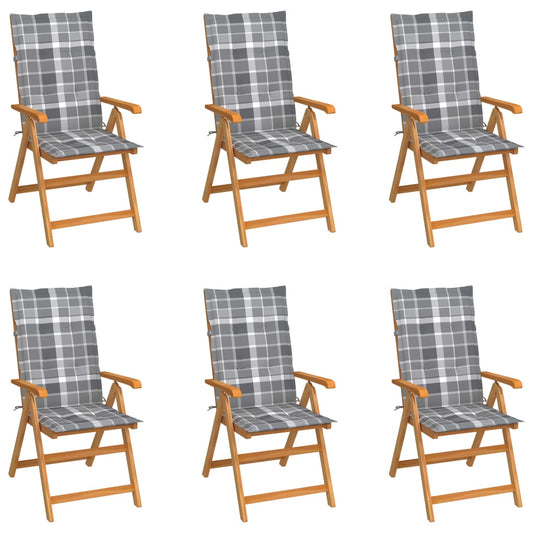 Tuinstoelen 6 st met grijs geruite kussens massief teakhout is nu te koop bij PeponiXL, paradijselijk wonen!