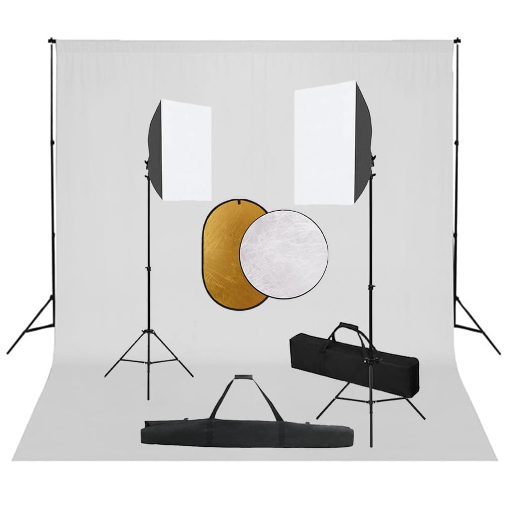 Fotostudioset met softboxlampen, achtergrond en reflector is nu te koop bij PeponiXL, paradijselijk wonen!
