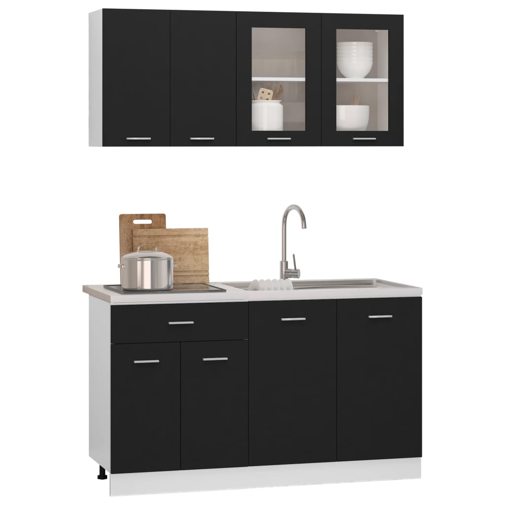 4-delige Keukenkastenset Lyon bewerkt hout zwart is nu te koop bij PeponiXL, paradijselijk wonen!