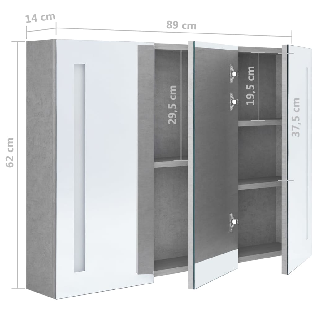 Badkamerkast met spiegel en LED 89x14x62 cm betongrijs is nu te koop bij PeponiXL, paradijselijk wonen!