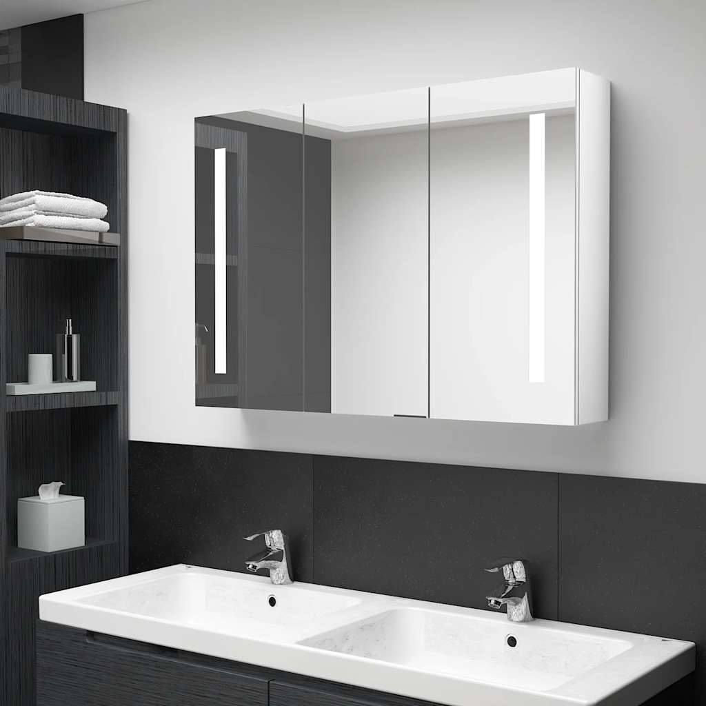 Badkamerkast met spiegel en LED 89x14x62 cm glanzend wit is nu te koop bij PeponiXL, paradijselijk wonen!