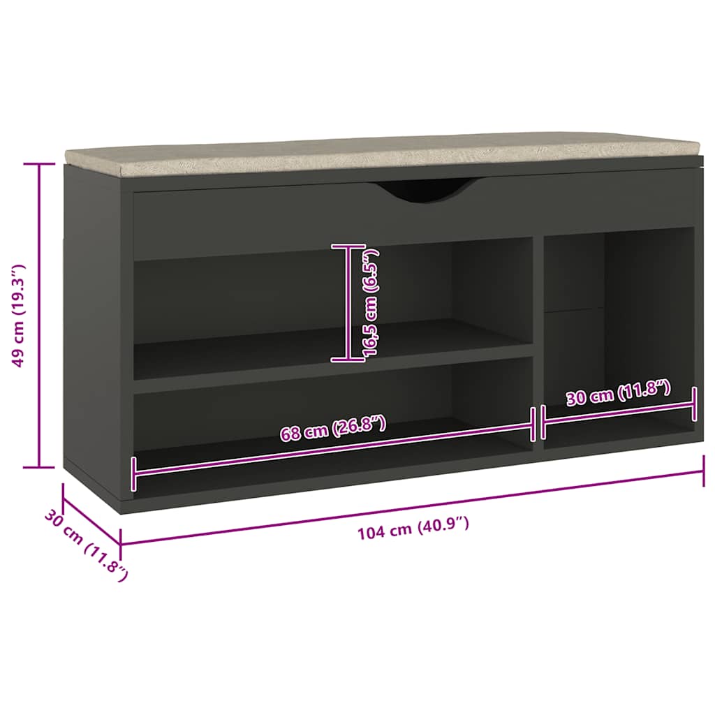 Schoenenbank met kussen 104x30x49 cm bewerkt hout grijs is nu te koop bij PeponiXL, paradijselijk wonen!