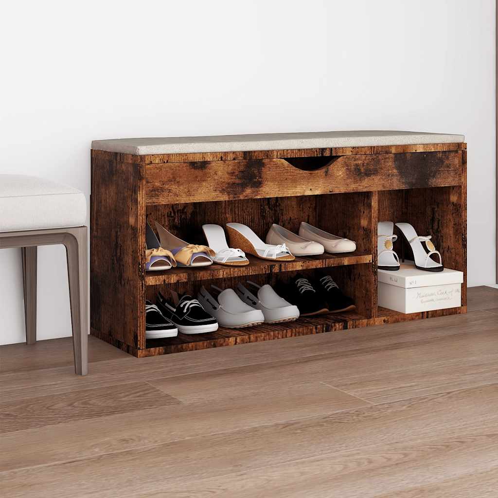 Schoenenbank met kussen 104x30x49 cm bewerkt hout gerookt eiken is nu te koop bij PeponiXL, paradijselijk wonen!