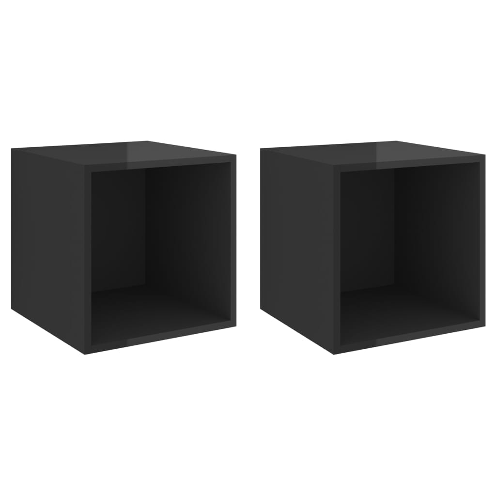 Wandkasten 2 st 37x37x37 cm bewerkt hout hoogglans zwart
