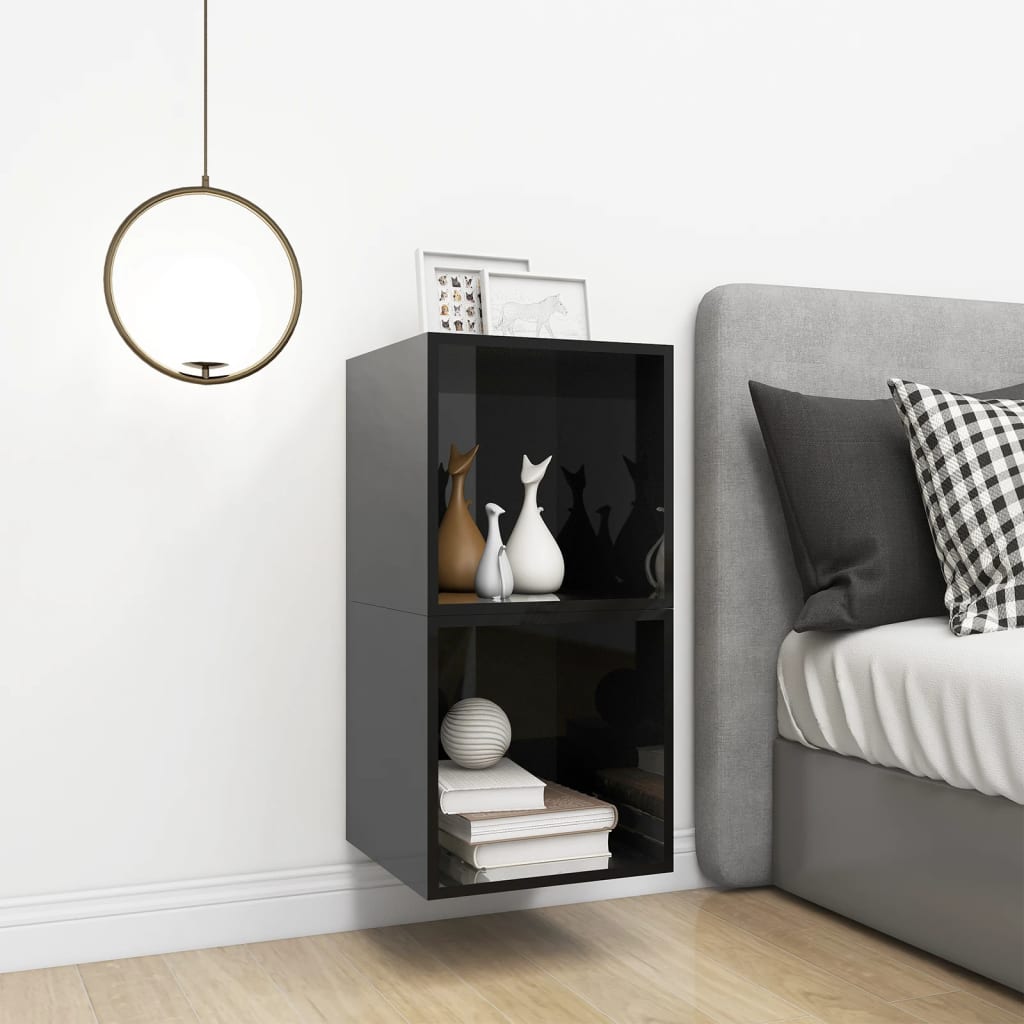 Wandkasten 2 st 37x37x37 cm bewerkt hout hoogglans zwart