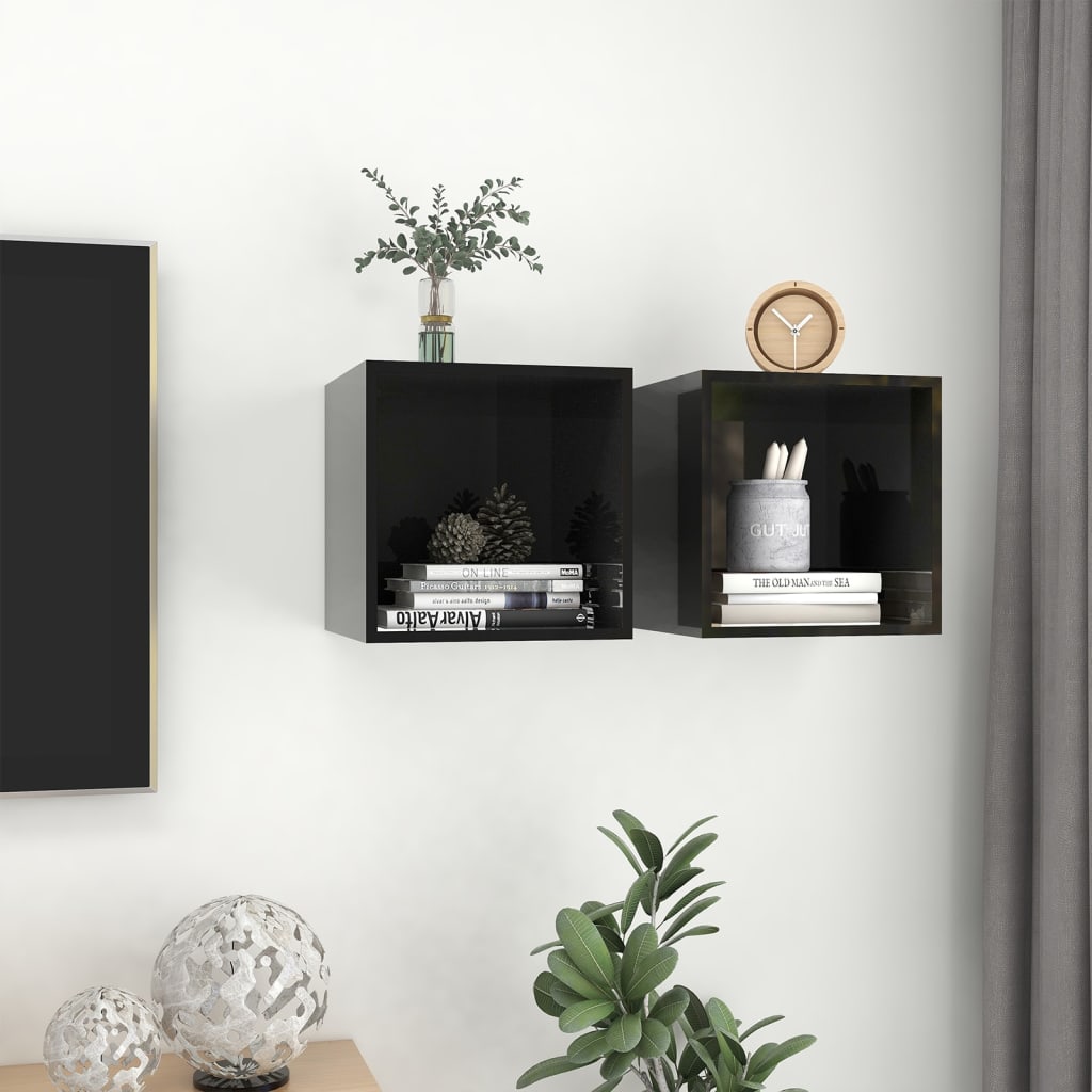 Wandkasten 2 st 37x37x37 cm bewerkt hout hoogglans zwart