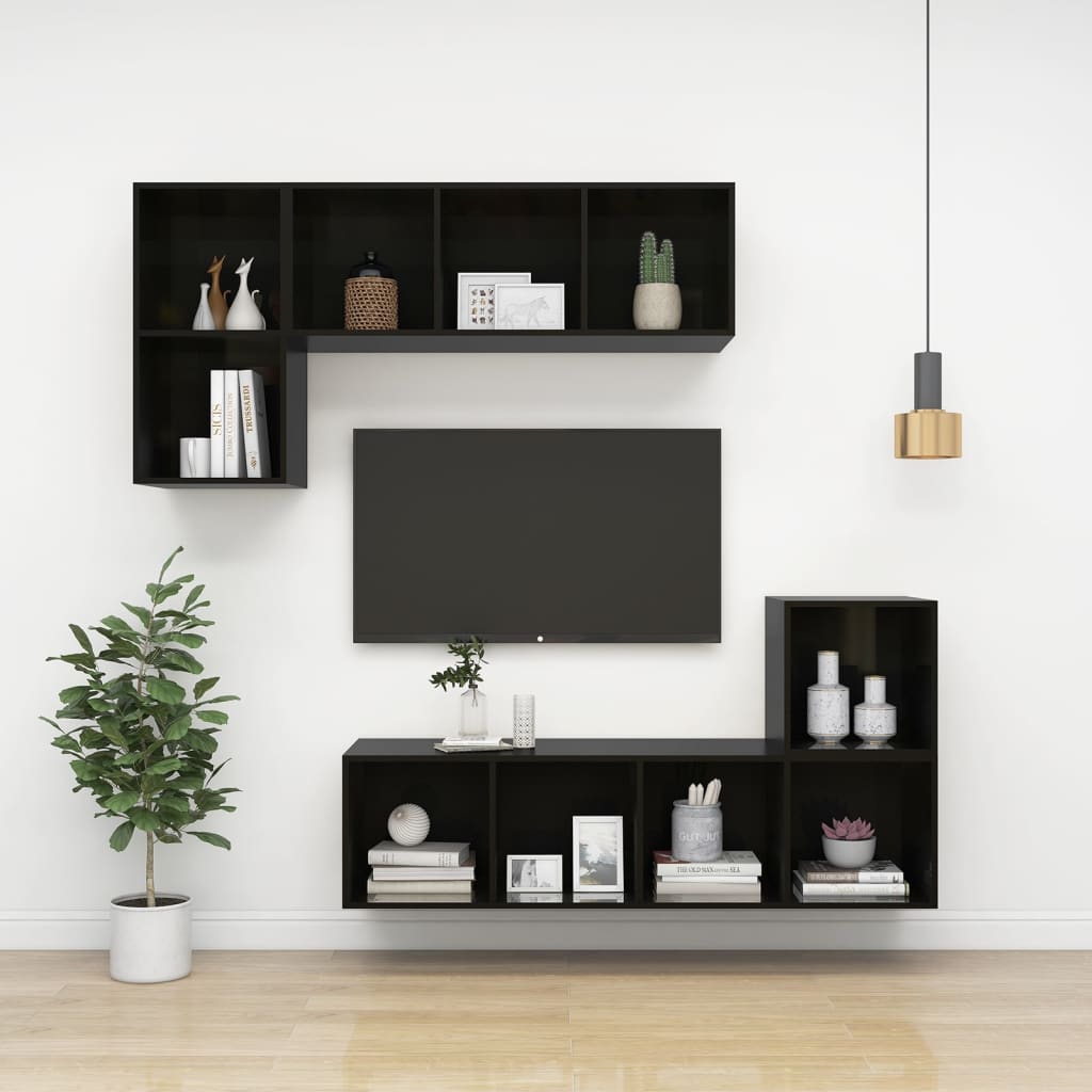 Wandkasten 2 st 37x37x37 cm bewerkt hout hoogglans zwart