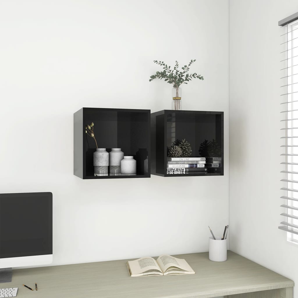 Wandkasten 2 st 37x37x37 cm bewerkt hout hoogglans zwart