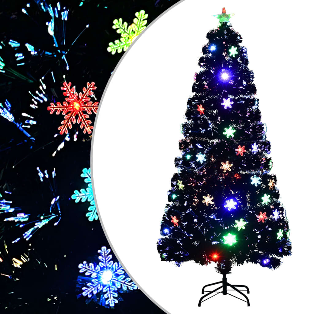 Kerstboom met LED-sneeuwvlokken 150 cm glasvezel zwart is nu te koop bij PeponiXL, paradijselijk wonen!