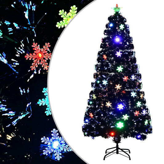 Kerstboom met LED-sneeuwvlokken 150 cm glasvezel zwart is nu te koop bij PeponiXL, paradijselijk wonen!