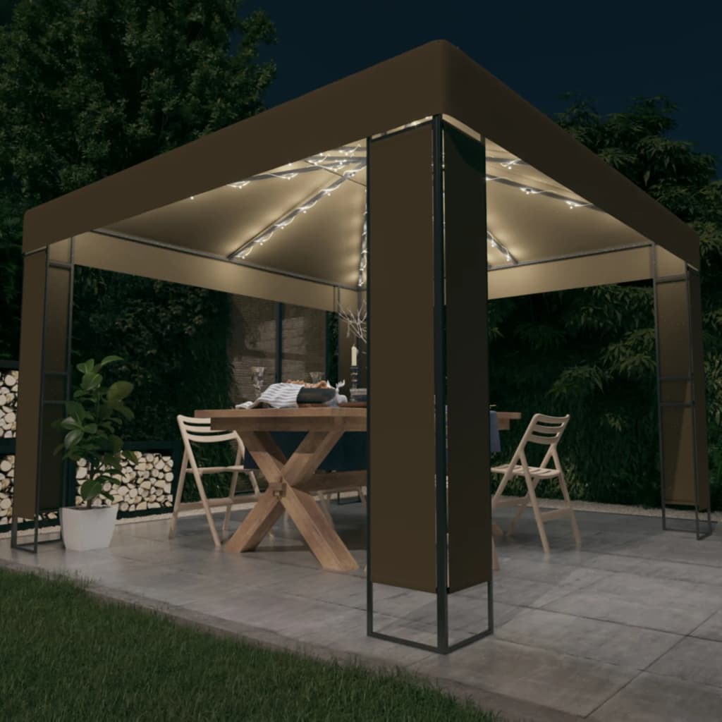 Prieel met dubbel dak en LED-lichtslinger 3x3x2,7 m taupe is nu te koop bij PeponiXL, paradijselijk wonen!