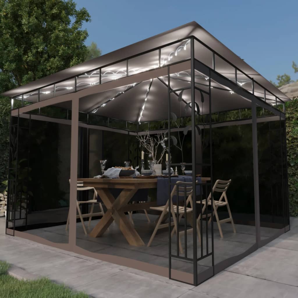 Prieel met klamboe en LED-lichtslinger 3x3x2,73 m taupe is nu te koop bij PeponiXL, paradijselijk wonen!
