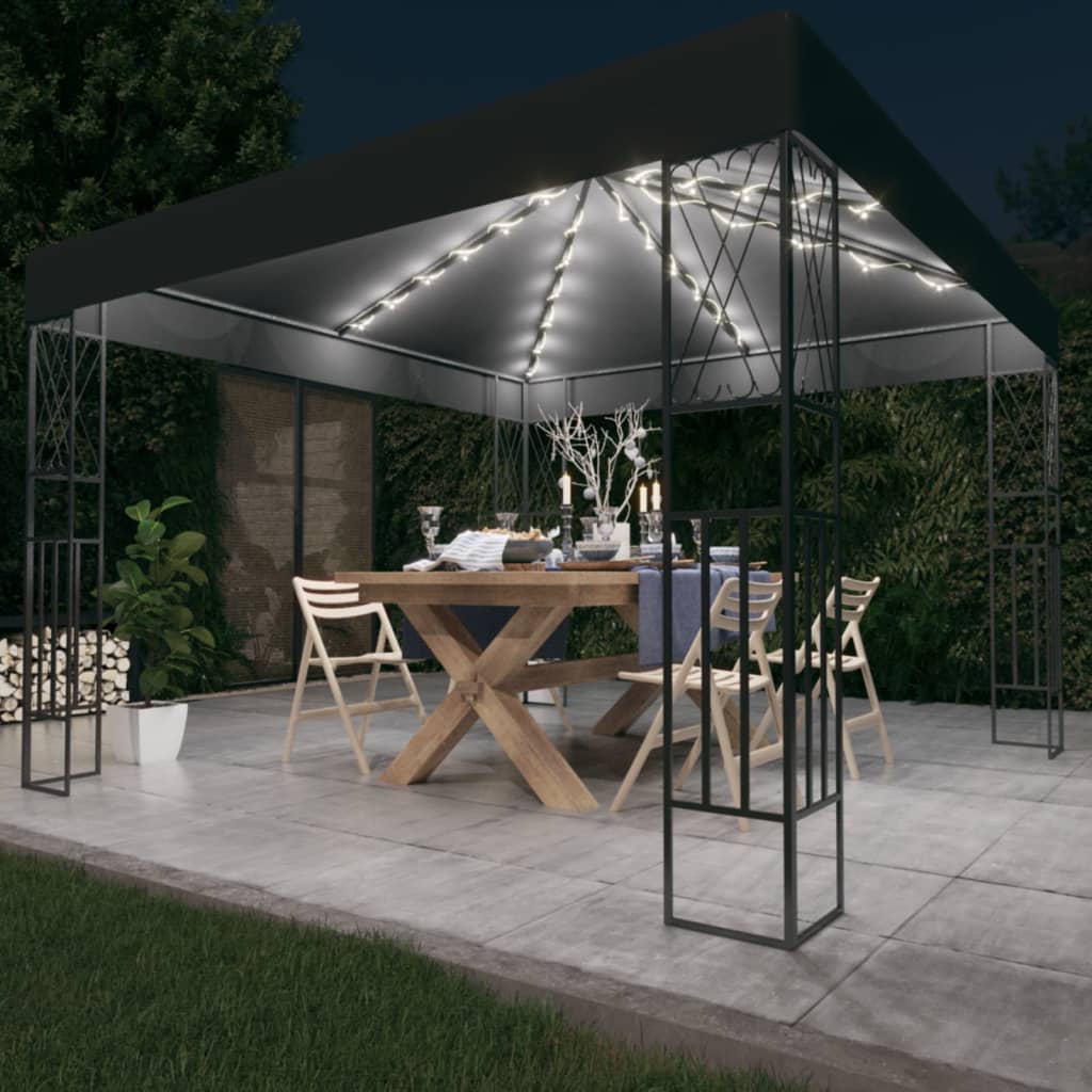 Prieel met LED-lichtslinger 3x3 m stof antracietkleurig is nu te koop bij PeponiXL, paradijselijk wonen!