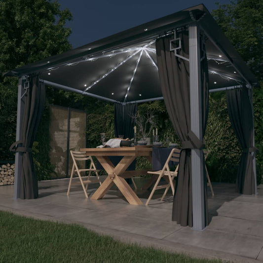 Prieel met gordijn LED-lichtslinger 3x3 m aluminium antraciet is nu te koop bij PeponiXL, paradijselijk wonen!