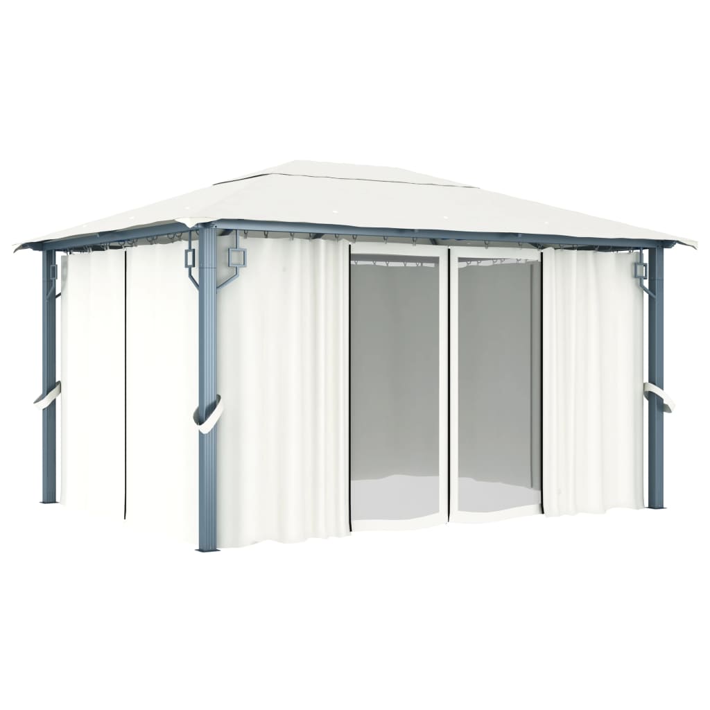 Prieel met gordijn en LED-lichtslinger 4x3 m aluminium crème is nu te koop bij PeponiXL, paradijselijk wonen!