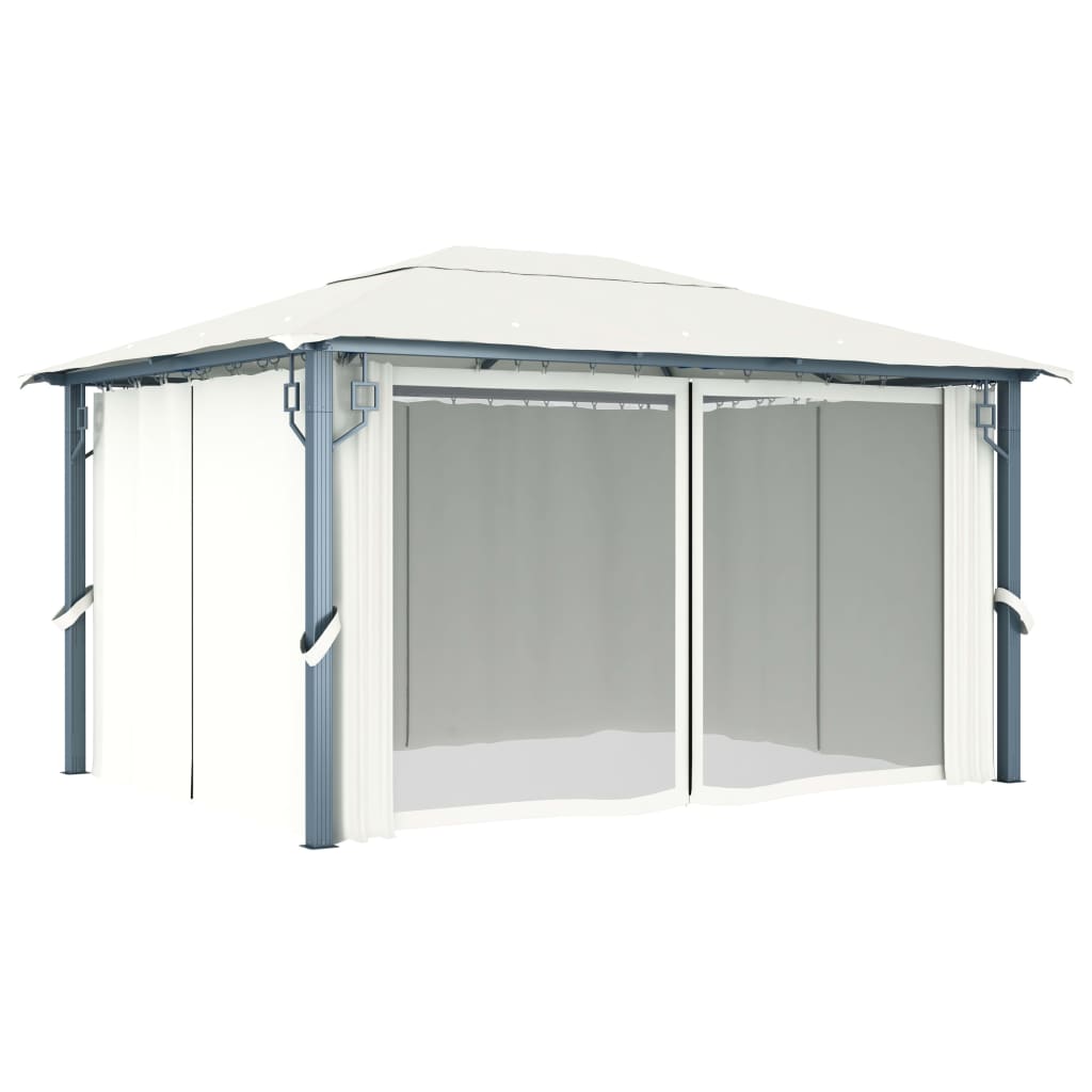 Prieel met gordijn en LED-lichtslinger 4x3 m aluminium crème is nu te koop bij PeponiXL, paradijselijk wonen!
