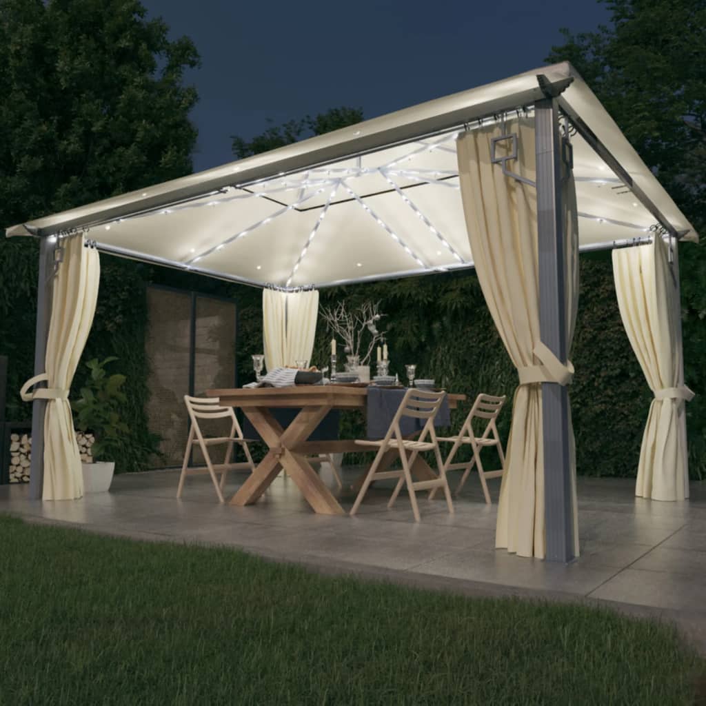 Prieel met gordijn en LED-lichtslinger 4x3 m aluminium crème is nu te koop bij PeponiXL, paradijselijk wonen!