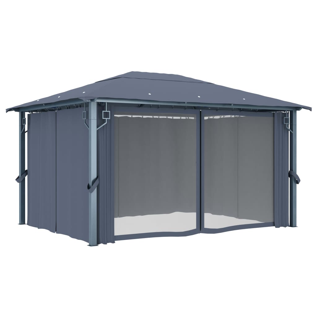 Prieel met gordijn LED-lichtslinger 4x3 m aluminium antraciet is nu te koop bij PeponiXL, paradijselijk wonen!