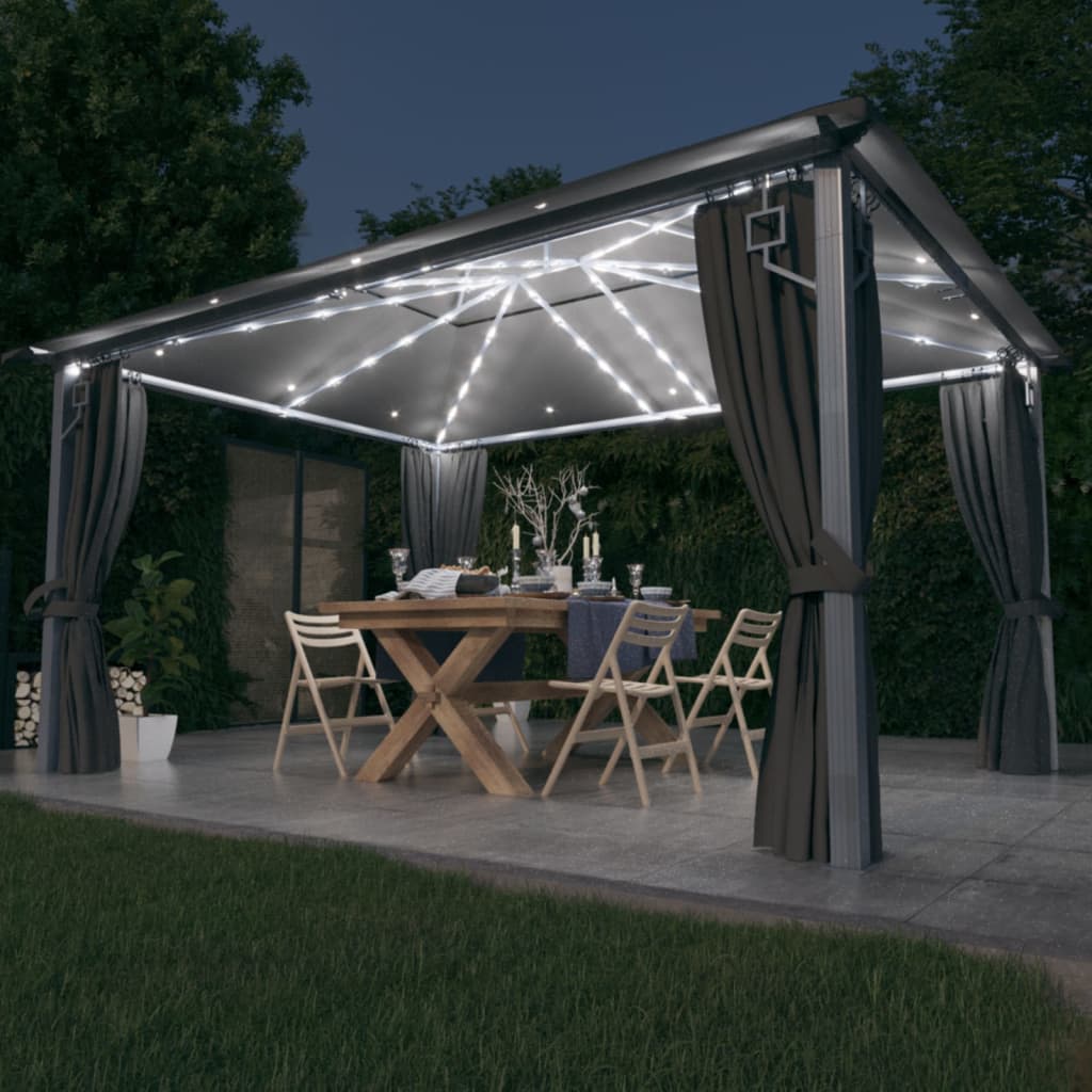 Prieel met gordijn LED-lichtslinger 4x3 m aluminium antraciet is nu te koop bij PeponiXL, paradijselijk wonen!