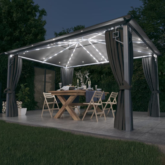 Prieel met gordijn LED-lichtslinger 4x3 m aluminium antraciet is nu te koop bij PeponiXL, paradijselijk wonen!