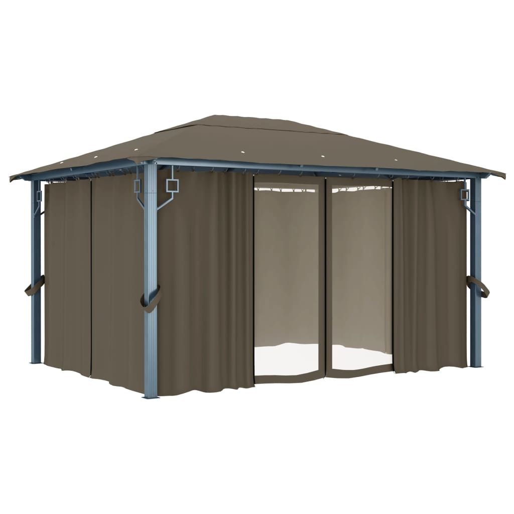 Prieel met gordijn en LED-lichtslinger 4x3 m aluminium taupe is nu te koop bij PeponiXL, paradijselijk wonen!