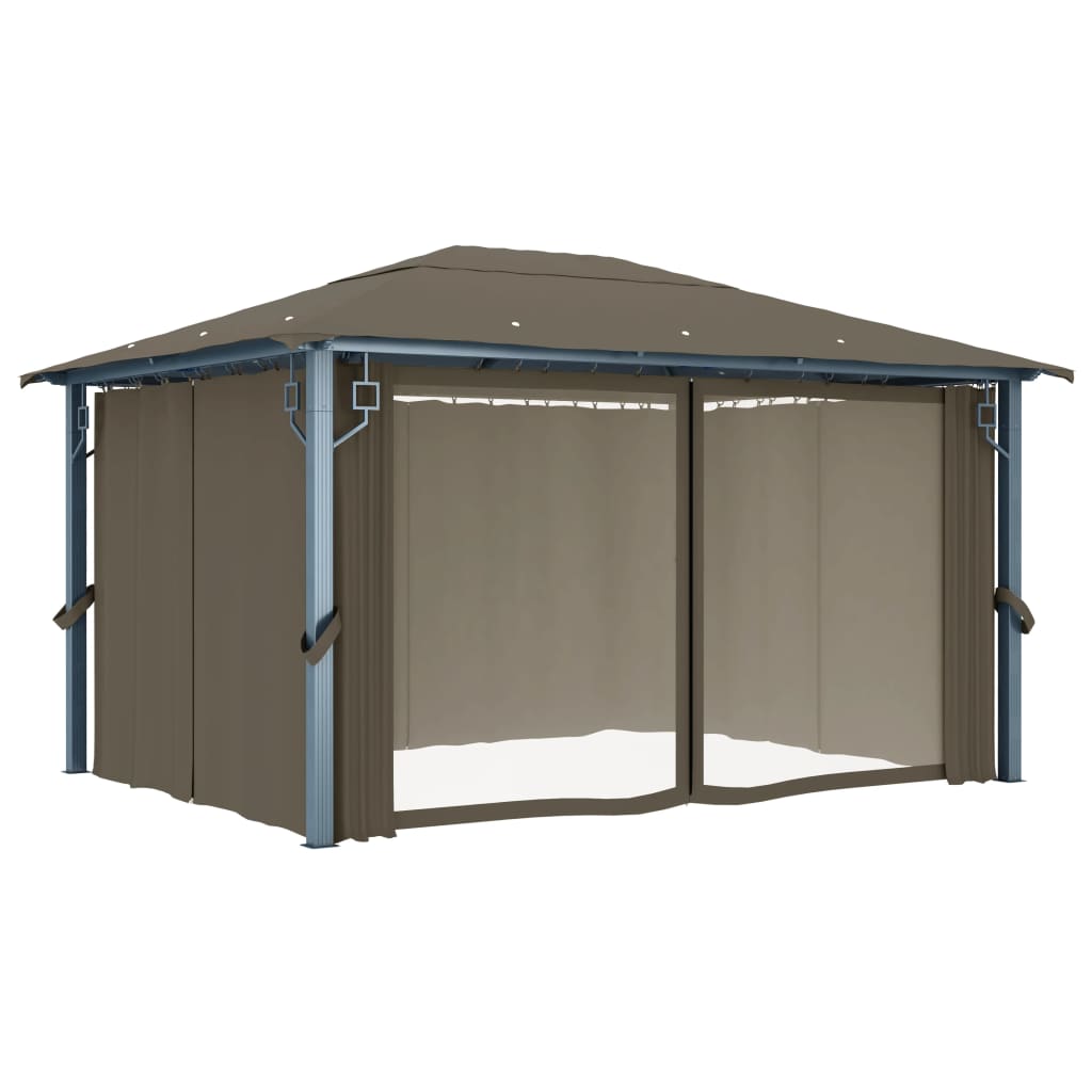 Prieel met gordijn en LED-lichtslinger 4x3 m aluminium taupe is nu te koop bij PeponiXL, paradijselijk wonen!