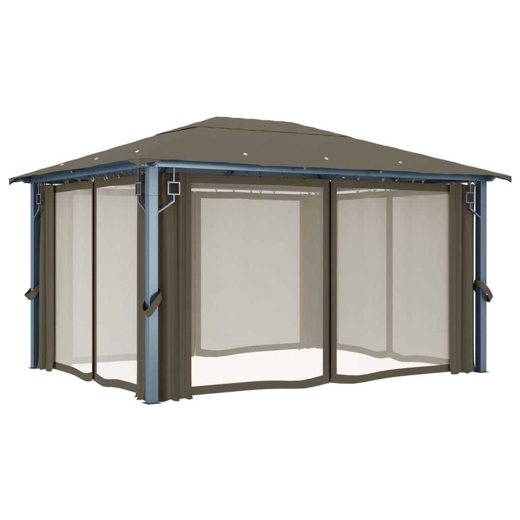 Prieel met gordijn en LED-lichtslinger 4x3 m aluminium taupe is nu te koop bij PeponiXL, paradijselijk wonen!