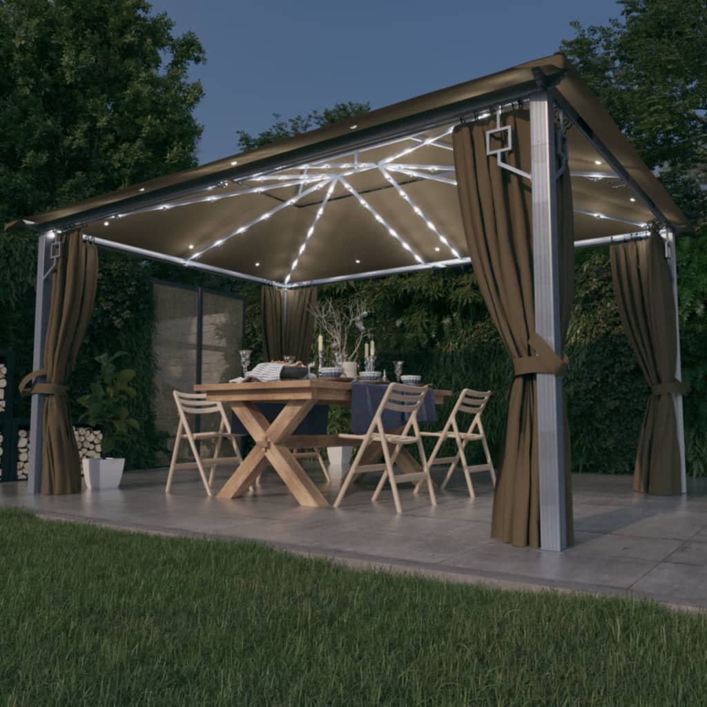 Prieel met gordijn en LED-lichtslinger 4x3 m aluminium taupe is nu te koop bij PeponiXL, paradijselijk wonen!