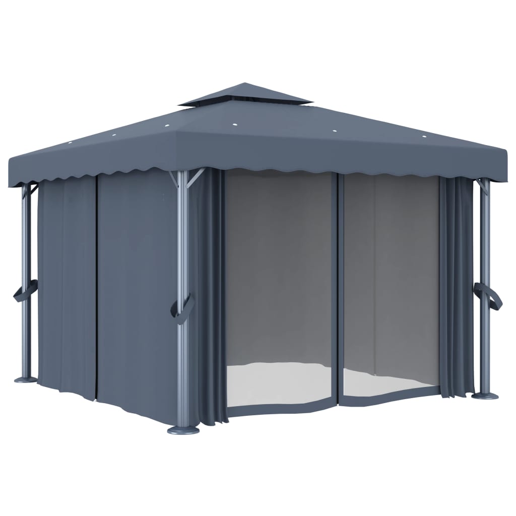 Prieel met gordijn en LED-lichtslinger 3x3 m antracietkleurig is nu te koop bij PeponiXL, paradijselijk wonen!