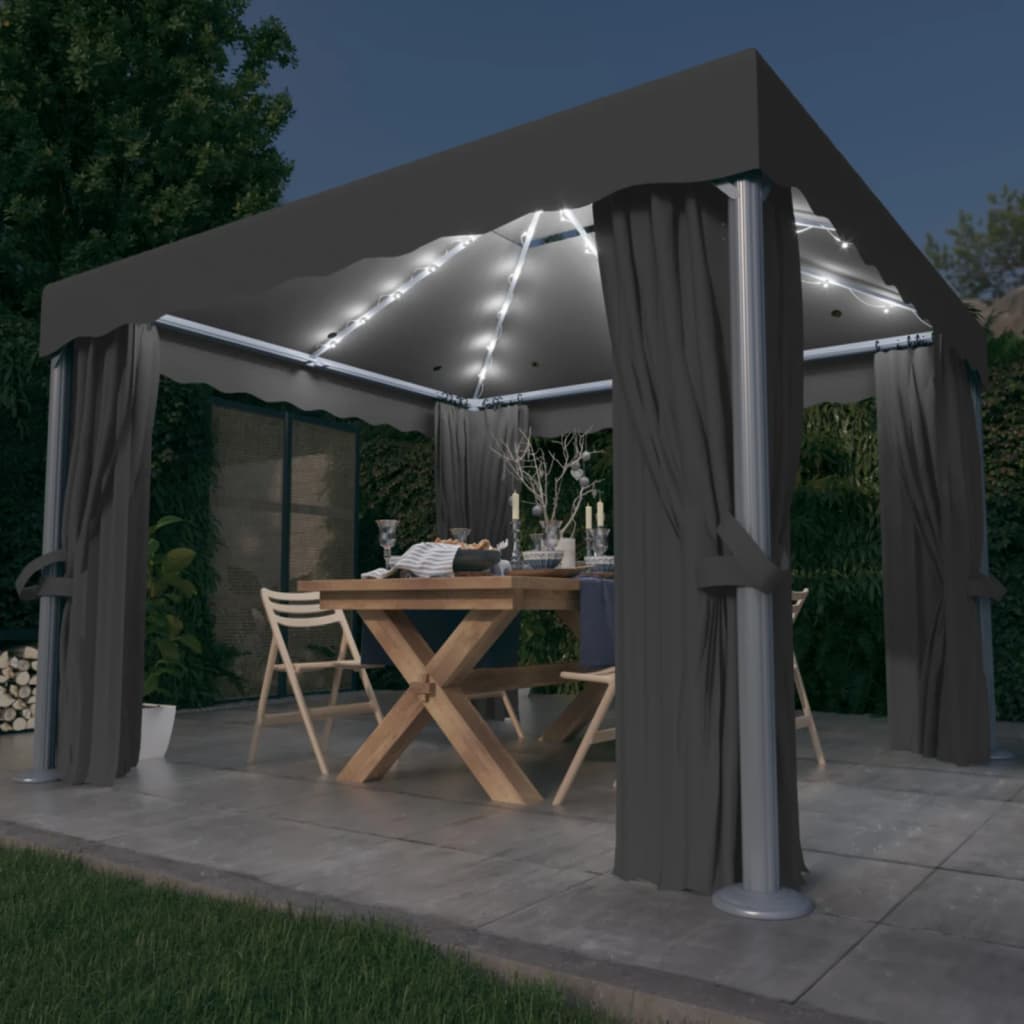 Prieel met gordijn en LED-lichtslinger 3x3 m antracietkleurig is nu te koop bij PeponiXL, paradijselijk wonen!