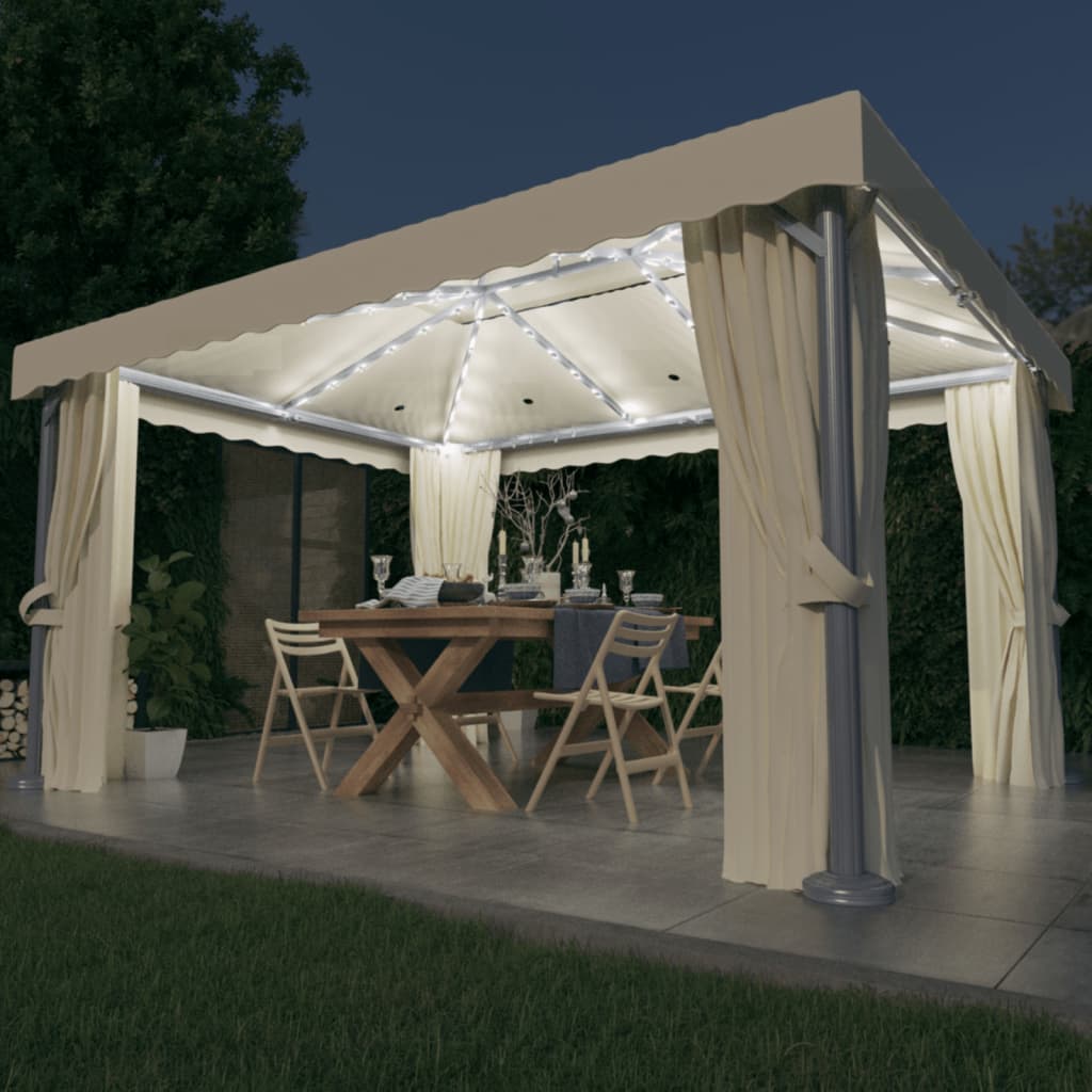 Prieel met gordijn en LED-lichtslinger 4x3 m crèmewit is nu te koop bij PeponiXL, paradijselijk wonen!