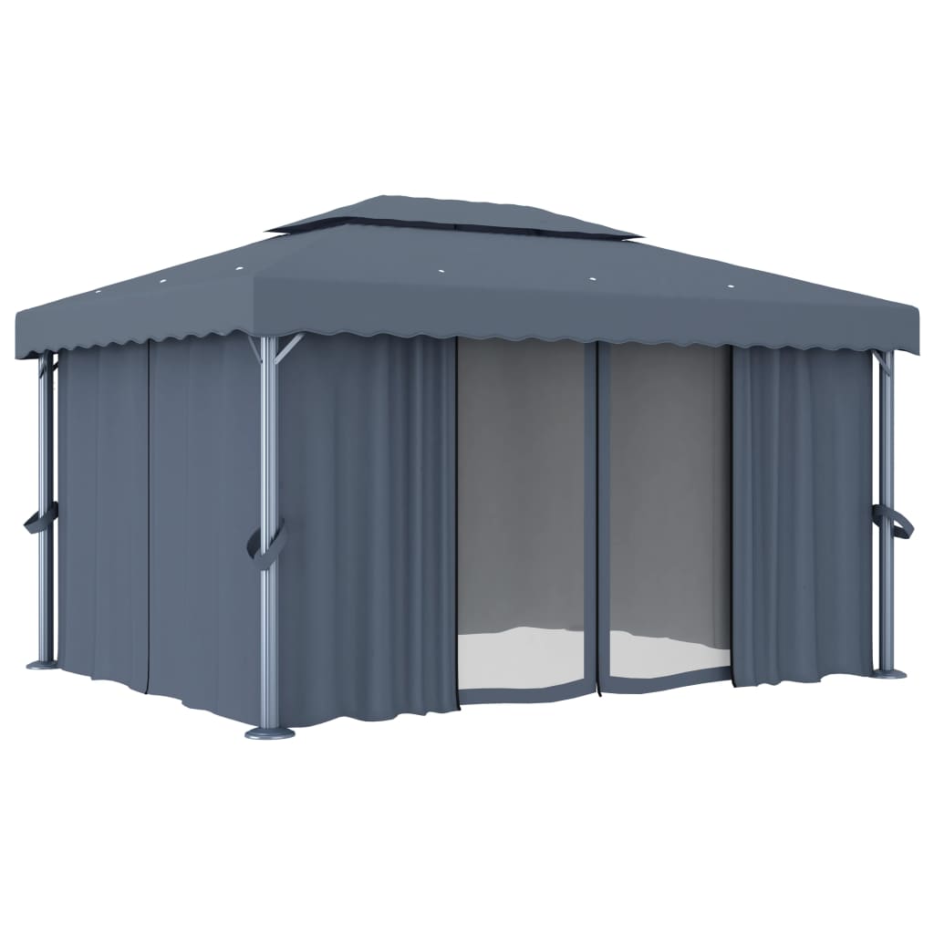 Prieel met gordijn en LED-lichtslinger 4x3 m antracietkleurig is nu te koop bij PeponiXL, paradijselijk wonen!