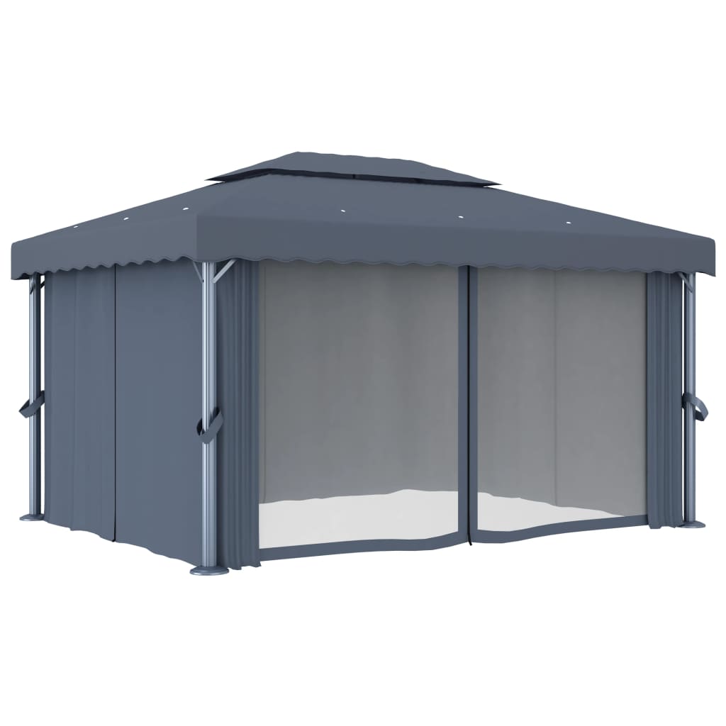 Prieel met gordijn en LED-lichtslinger 4x3 m antracietkleurig is nu te koop bij PeponiXL, paradijselijk wonen!