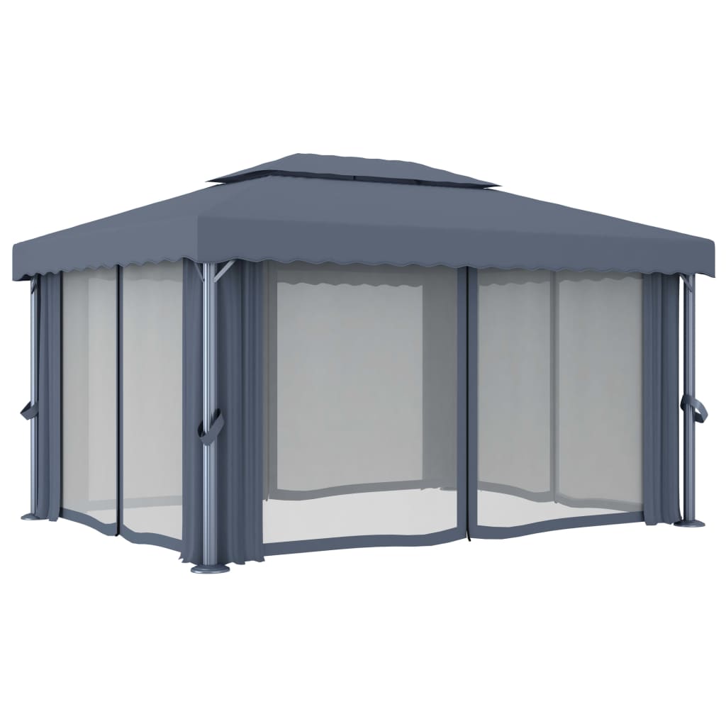 Prieel met gordijn en LED-lichtslinger 4x3 m antracietkleurig is nu te koop bij PeponiXL, paradijselijk wonen!