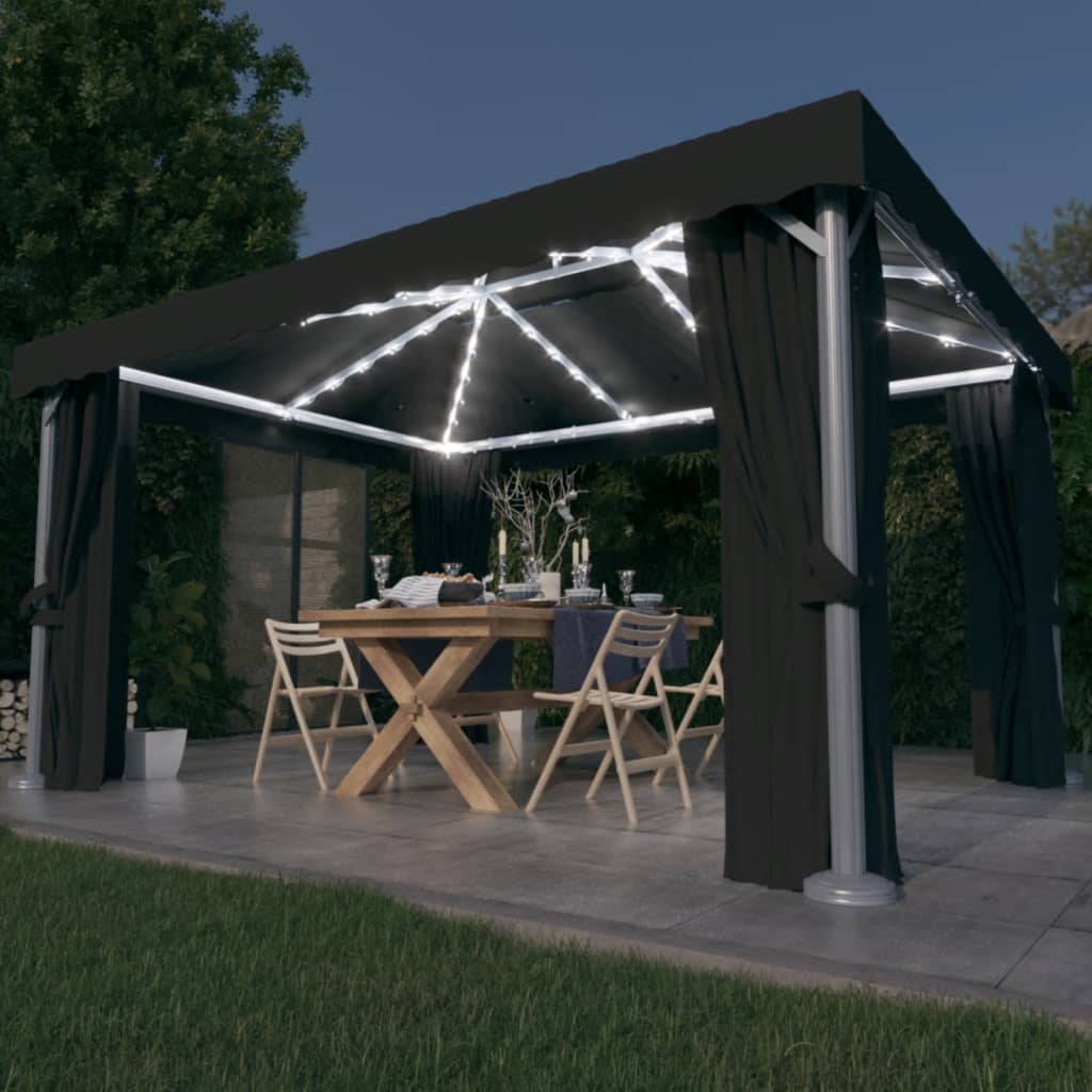 Prieel met gordijn en LED-lichtslinger 4x3 m antracietkleurig is nu te koop bij PeponiXL, paradijselijk wonen!