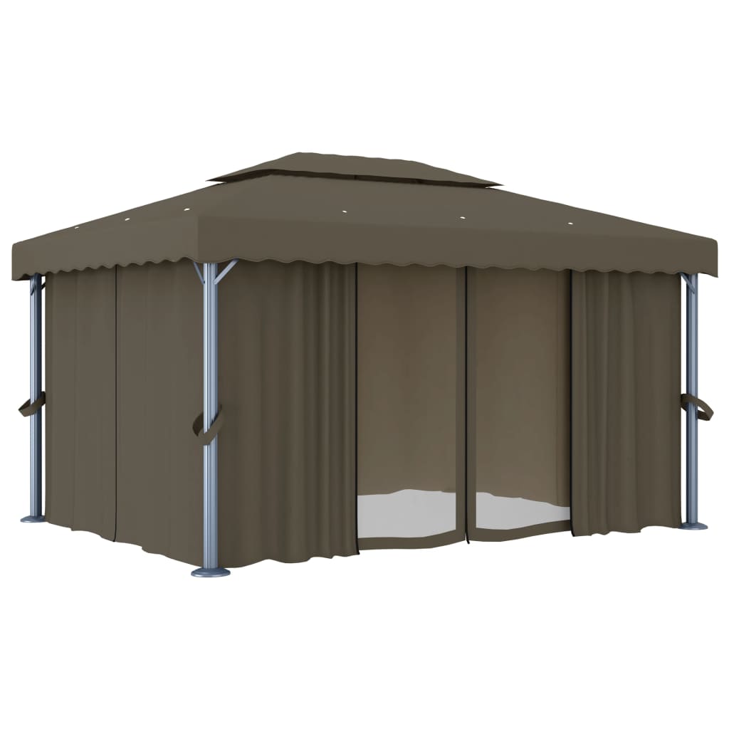 Prieel met gordijn en LED-lichtslinger 4x3 m taupe is nu te koop bij PeponiXL, paradijselijk wonen!